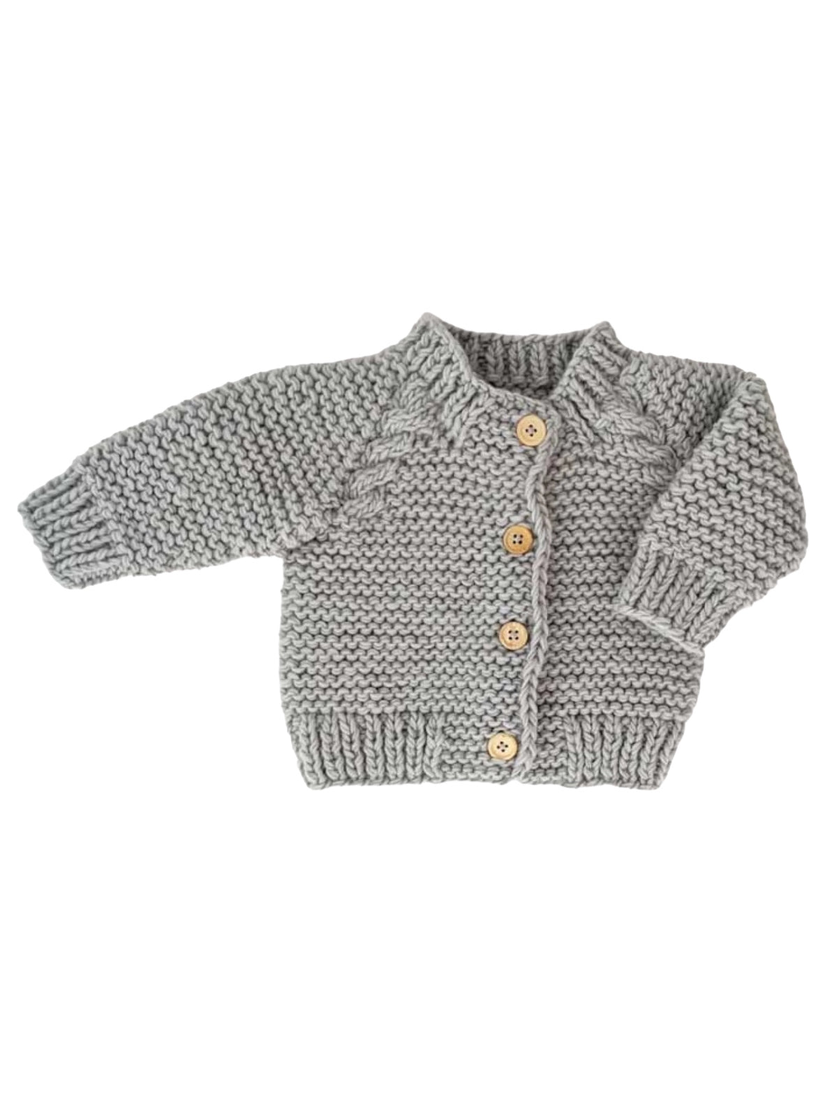 Gray knitted baby cardigan with four wooden buttons and ribbed edges, featuring a cozy design.