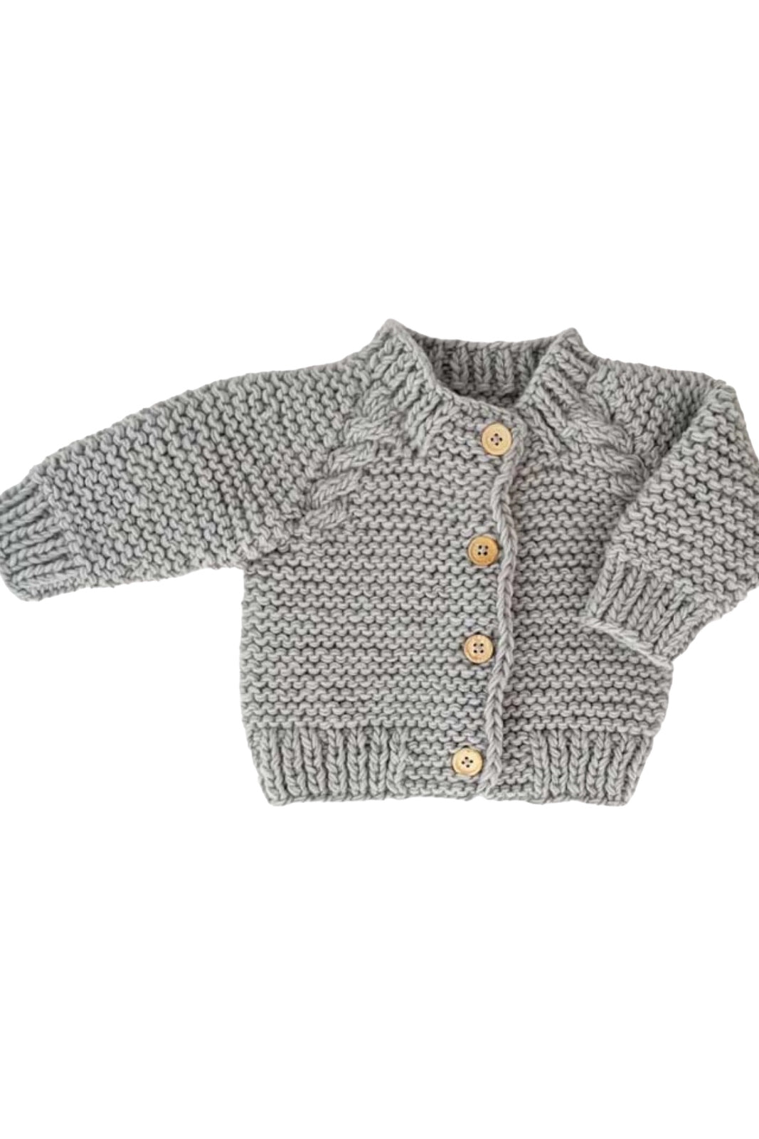 Gray knitted baby cardigan with four wooden buttons and ribbed edges, featuring a cozy design.