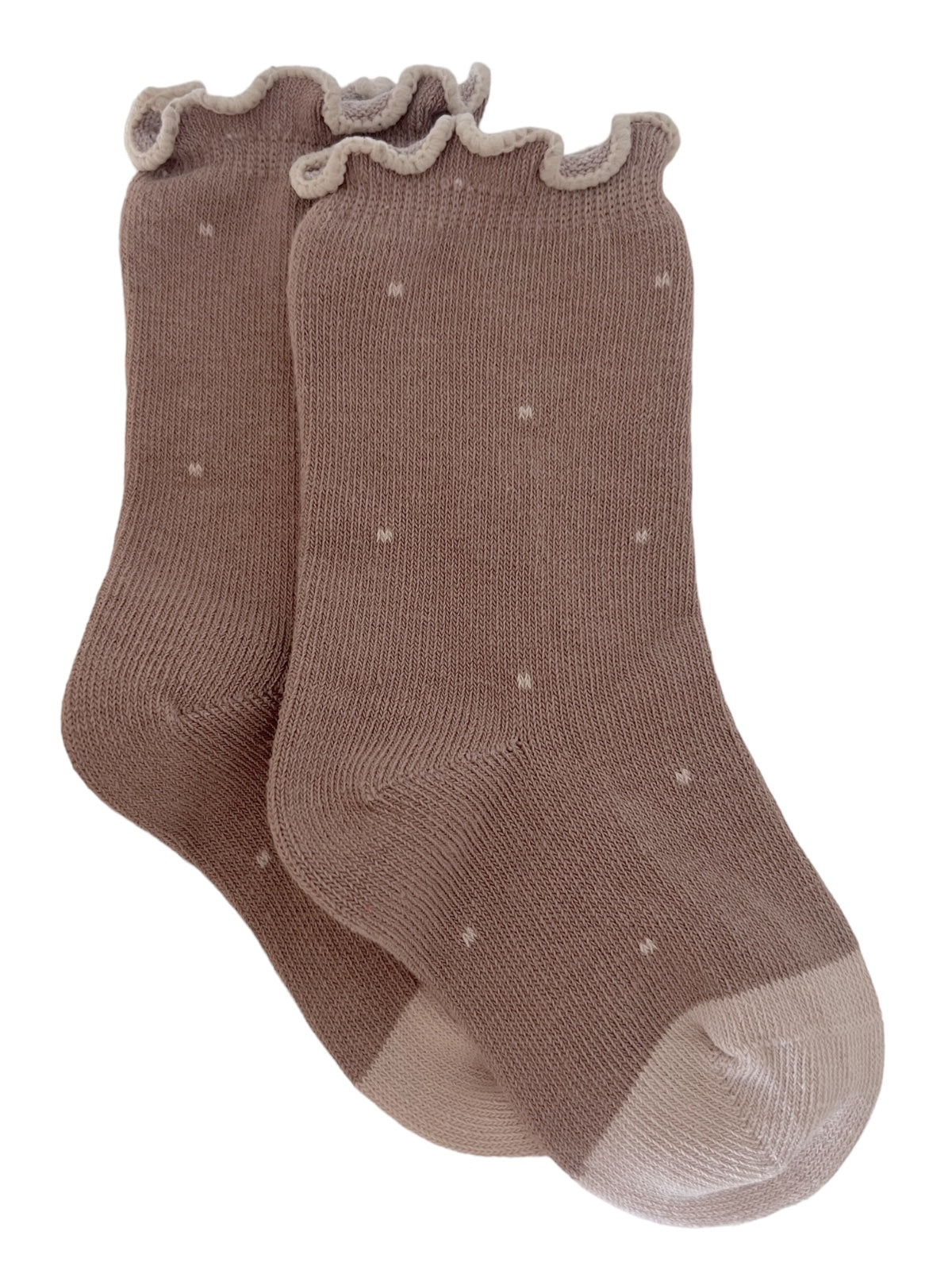 Brown ankle socks with a ruffled edge and white polka dots, displayed together. Ideal for casual wear.