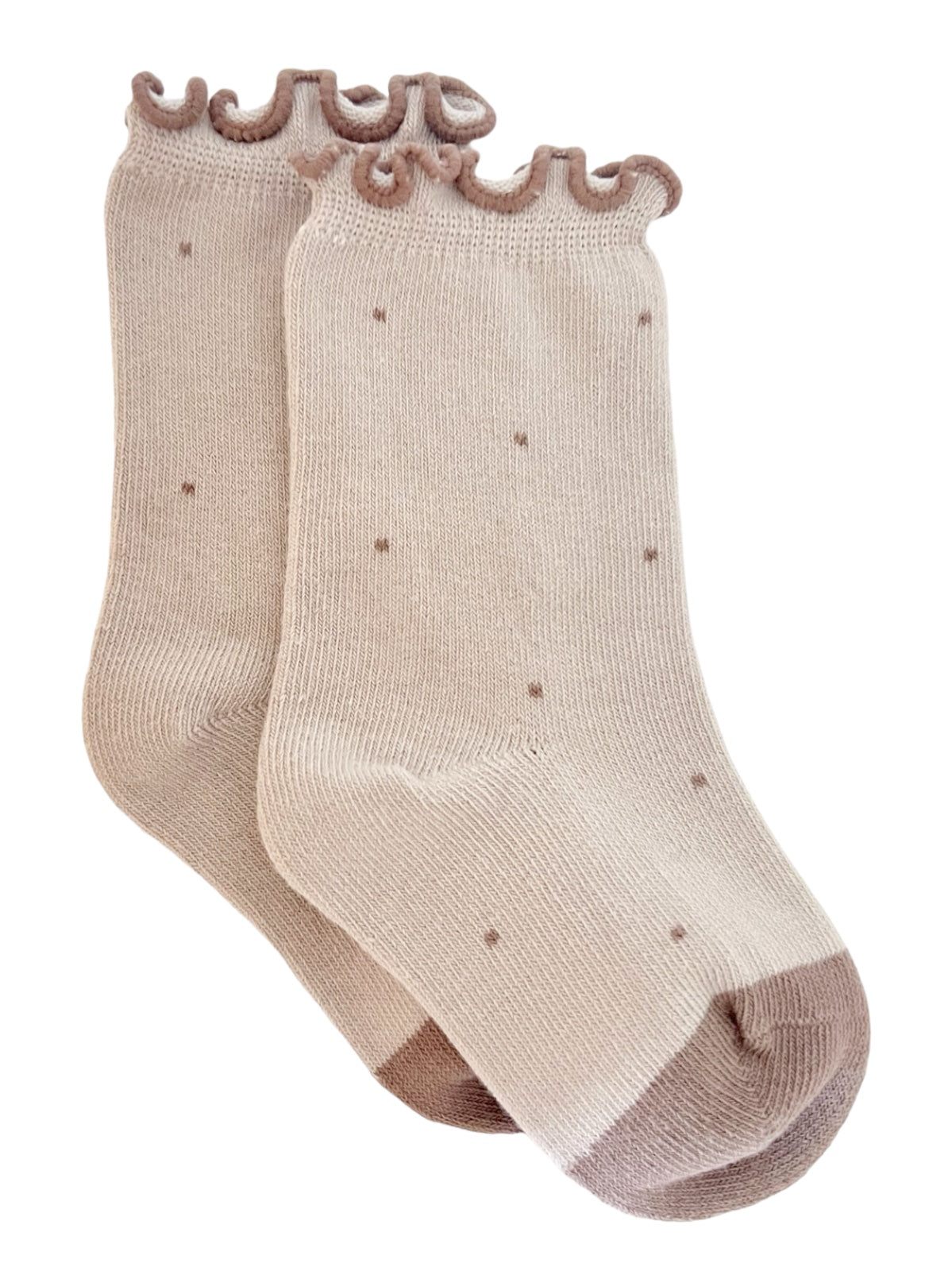 Beige socks with a ruffled top and small brown polka dots, styled for a cute, comfortable look.