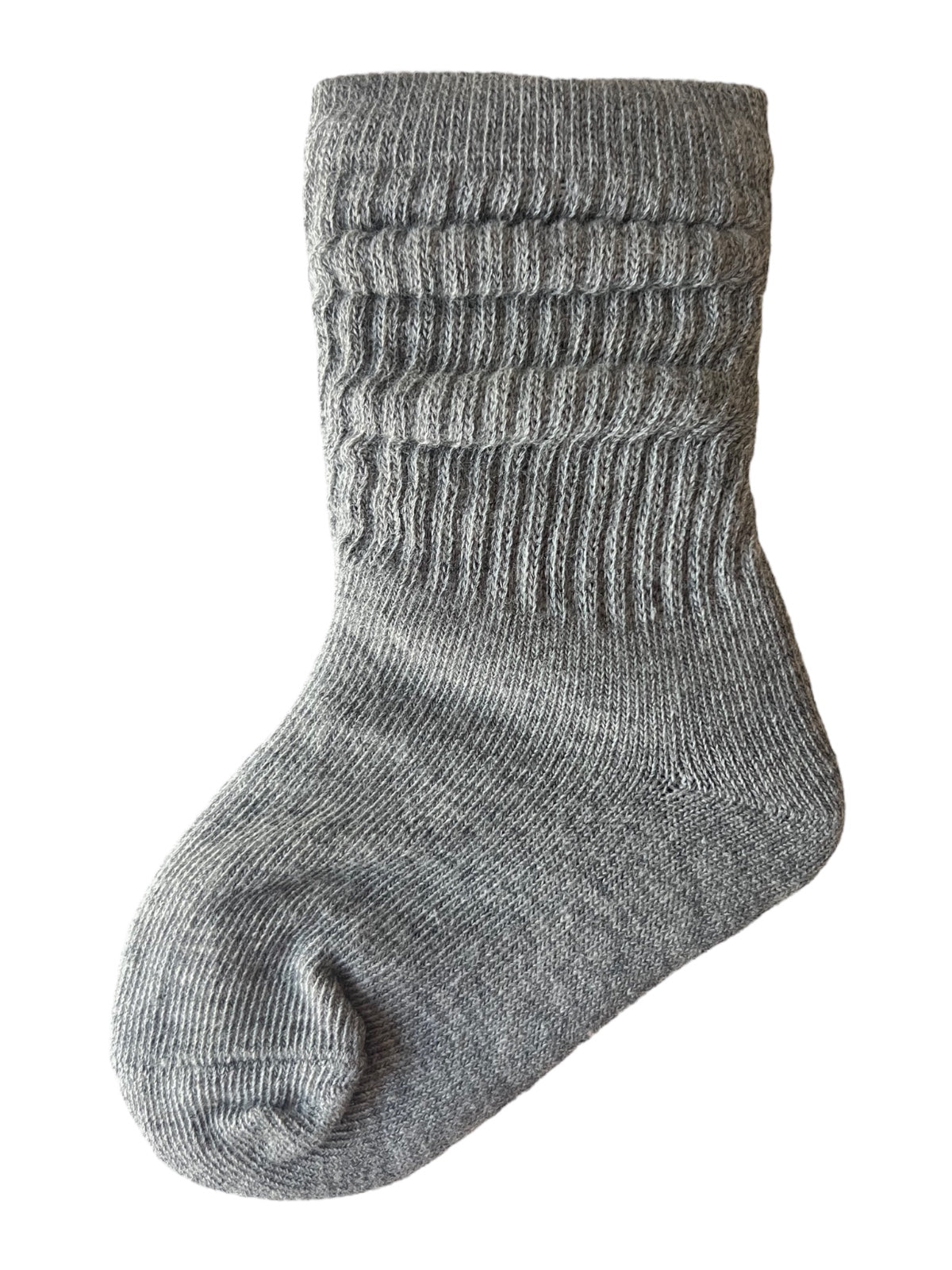 Gray ribbed sock with a soft texture, featuring a rolled cuff and a rounded toe. Ideal for comfort and warmth.