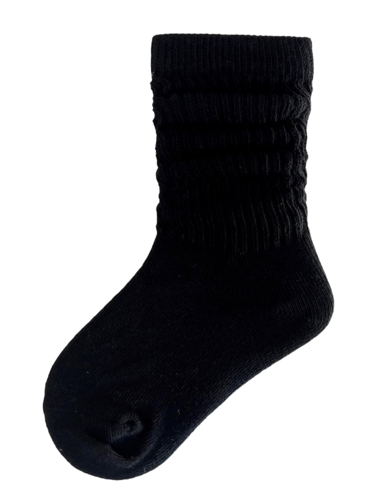 Black ribbed sock with a slouched top, designed for comfort and style.