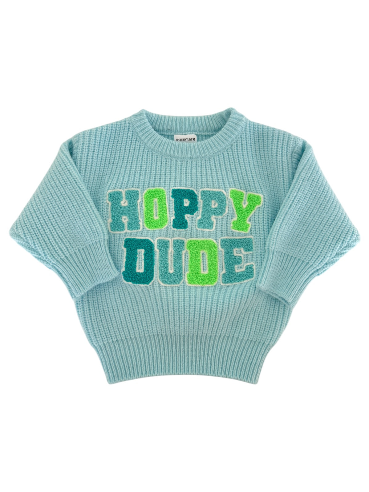 Light blue sweater with "HOPPY DUDE" text in colorful letters, featuring a cozy knit design.