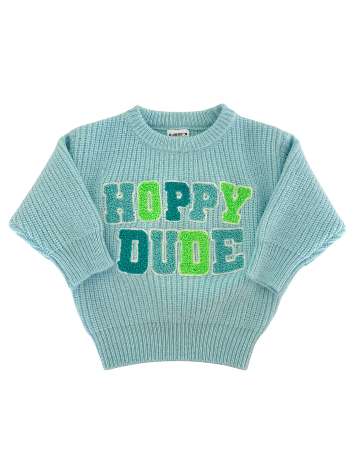 Light blue sweater with "HOPPY DUDE" text in colorful letters, featuring a cozy knit design.