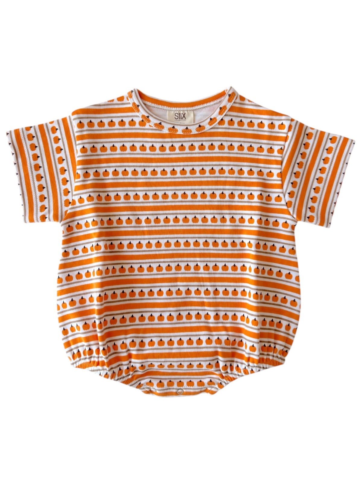 Orange and white baby bodysuit featuring pumpkin patterns and striped design. Short sleeves and elasticated bottom.