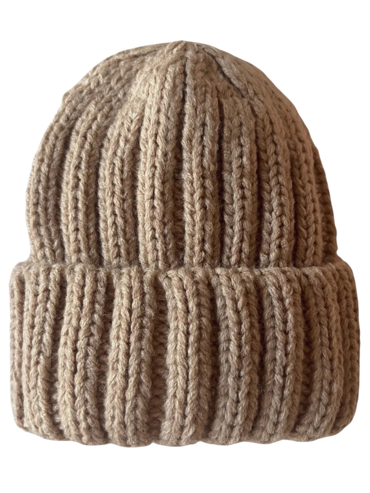 Tan knitted beanie with a ribbed texture, folded brim, and soft, cozy appearance.