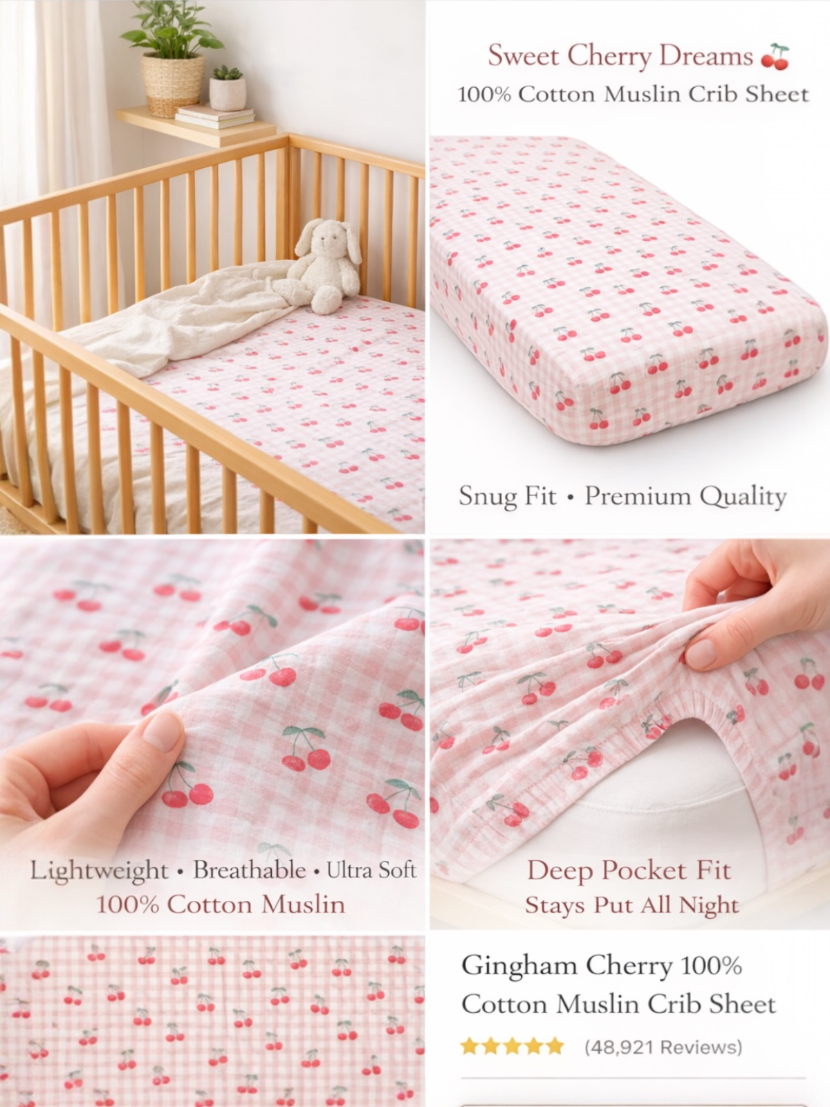 Pink gingham crib sheet with cherry pattern on a crib, highlighting snug fit and 100% cotton muslin material.