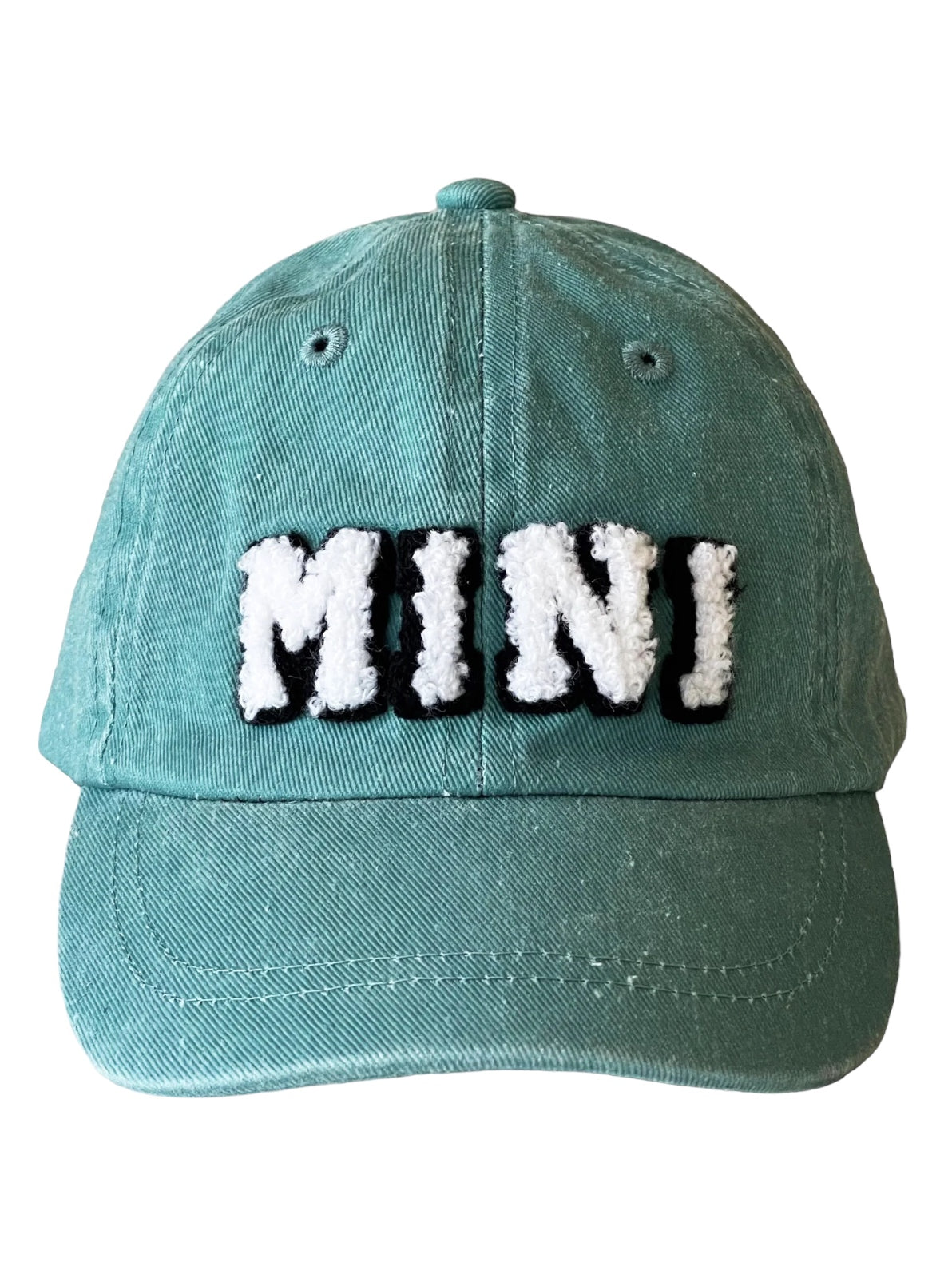 Teal baseball cap featuring raised white and black "MINI" embroidered text on the front.