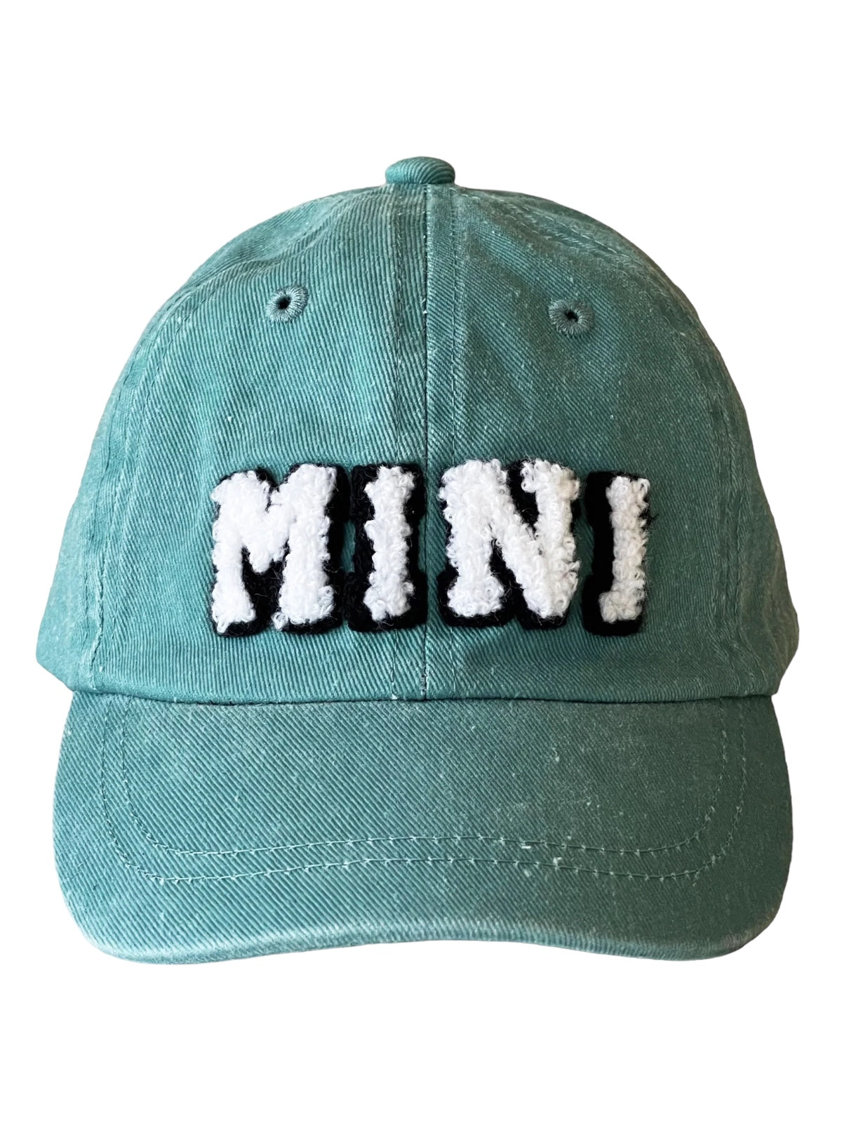 Teal baseball cap featuring raised white and black "MINI" embroidered text on the front.