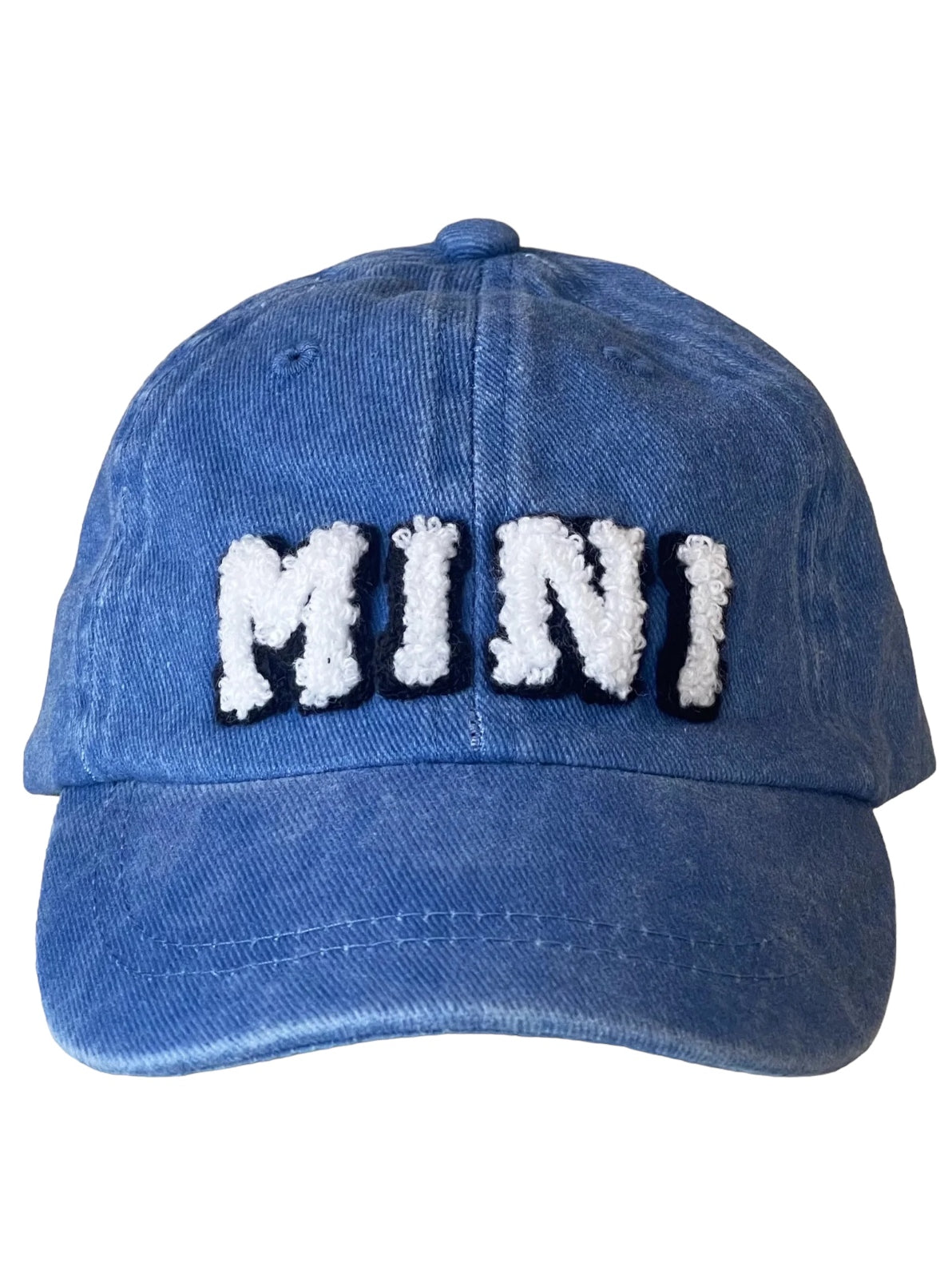 Blue denim cap featuring the word "MINI" in textured white and black lettering.