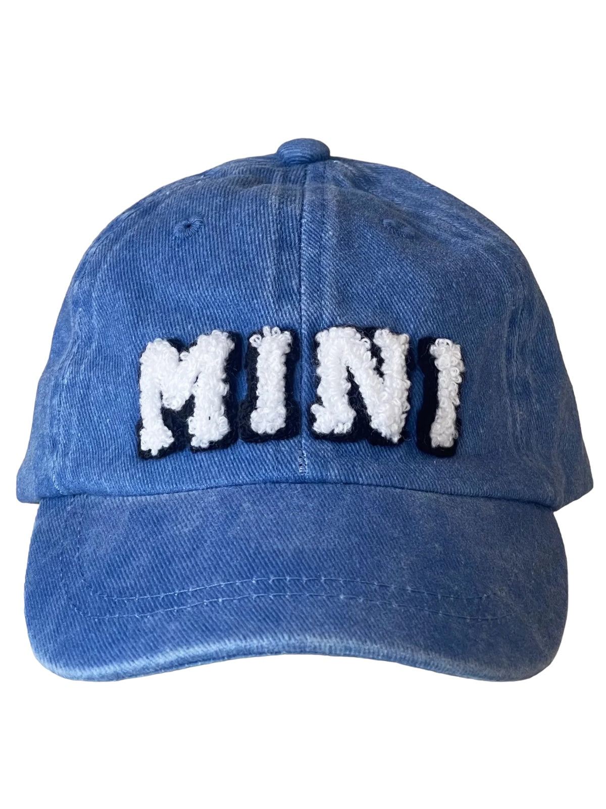 Blue denim cap featuring the word "MINI" in textured white and black lettering.