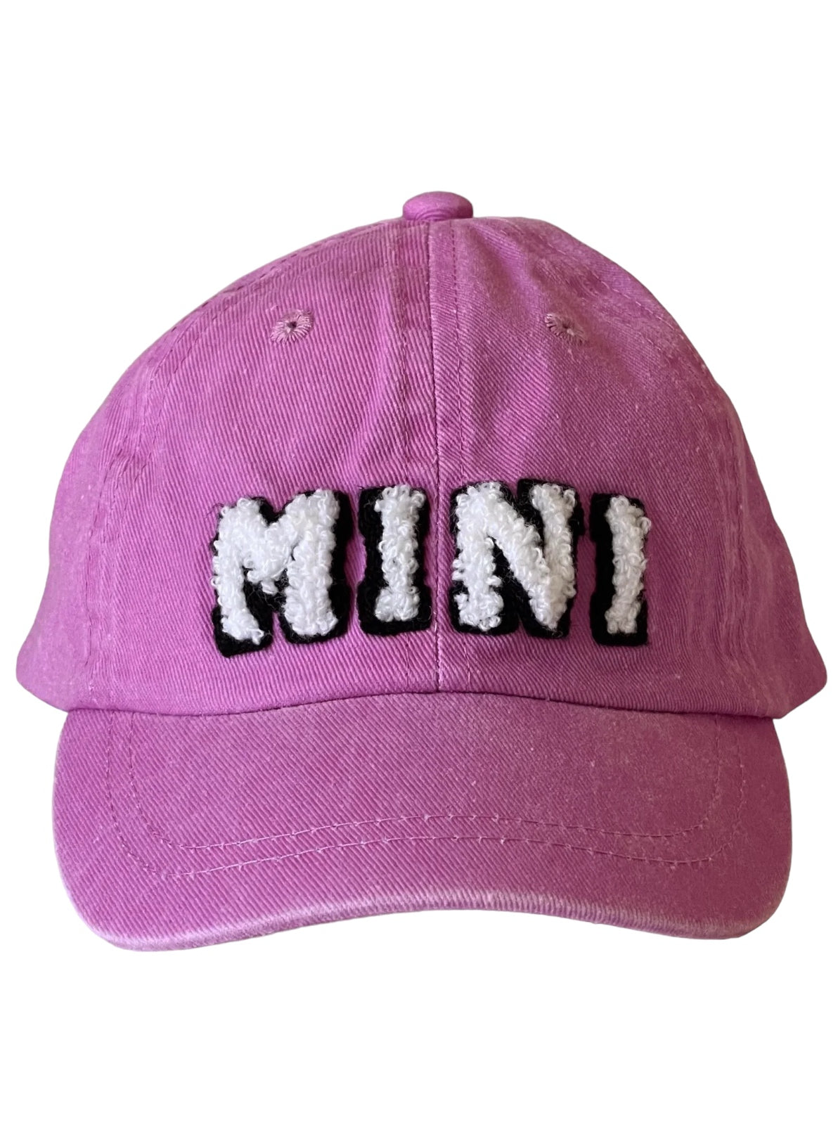 Pink baseball cap with fluffy "MINI" text stitched on the front.