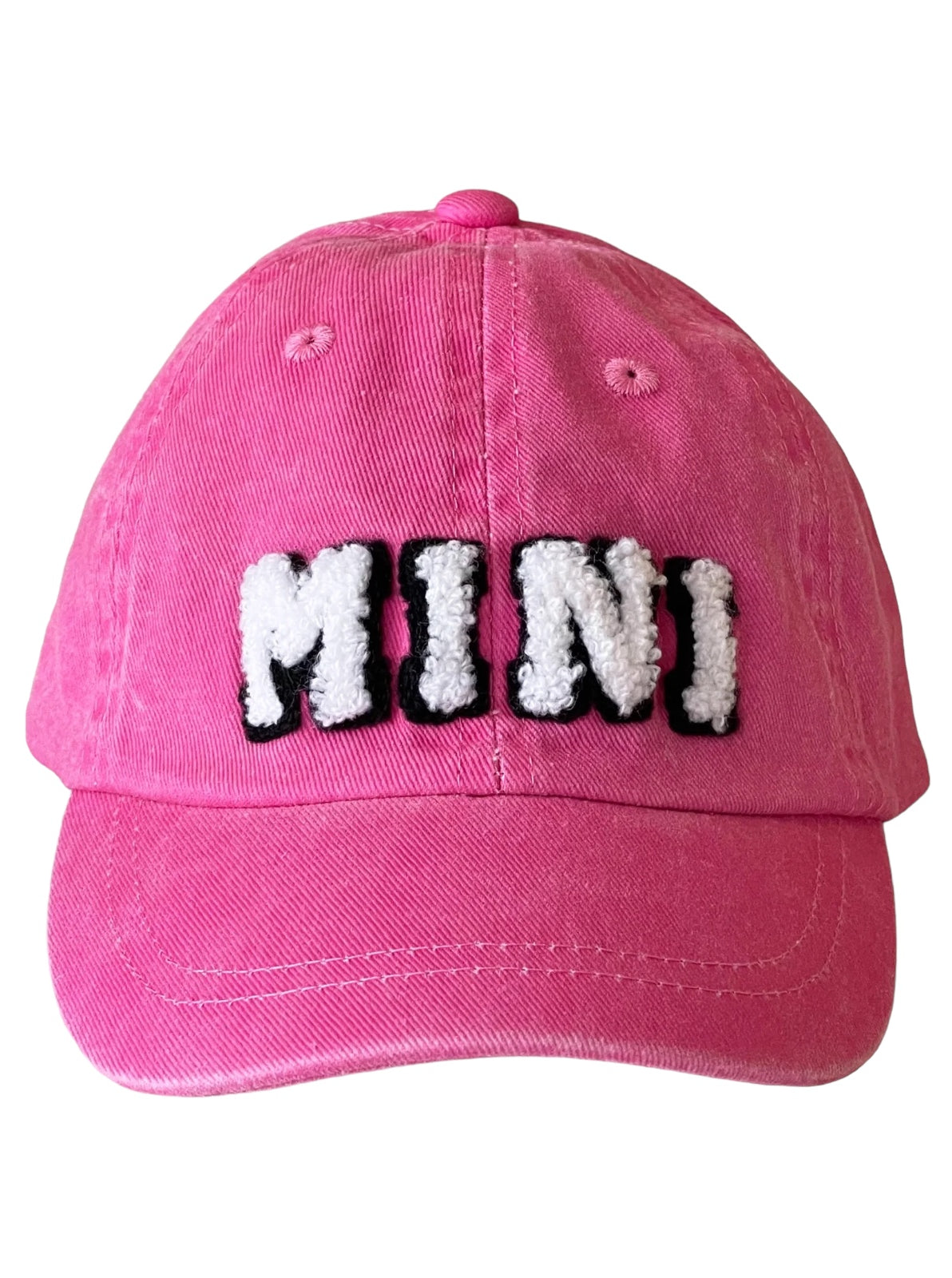 Pink cap with "MINI" text in white and black, showcasing a casual, playful style. Perfect for children or trendy outfits.