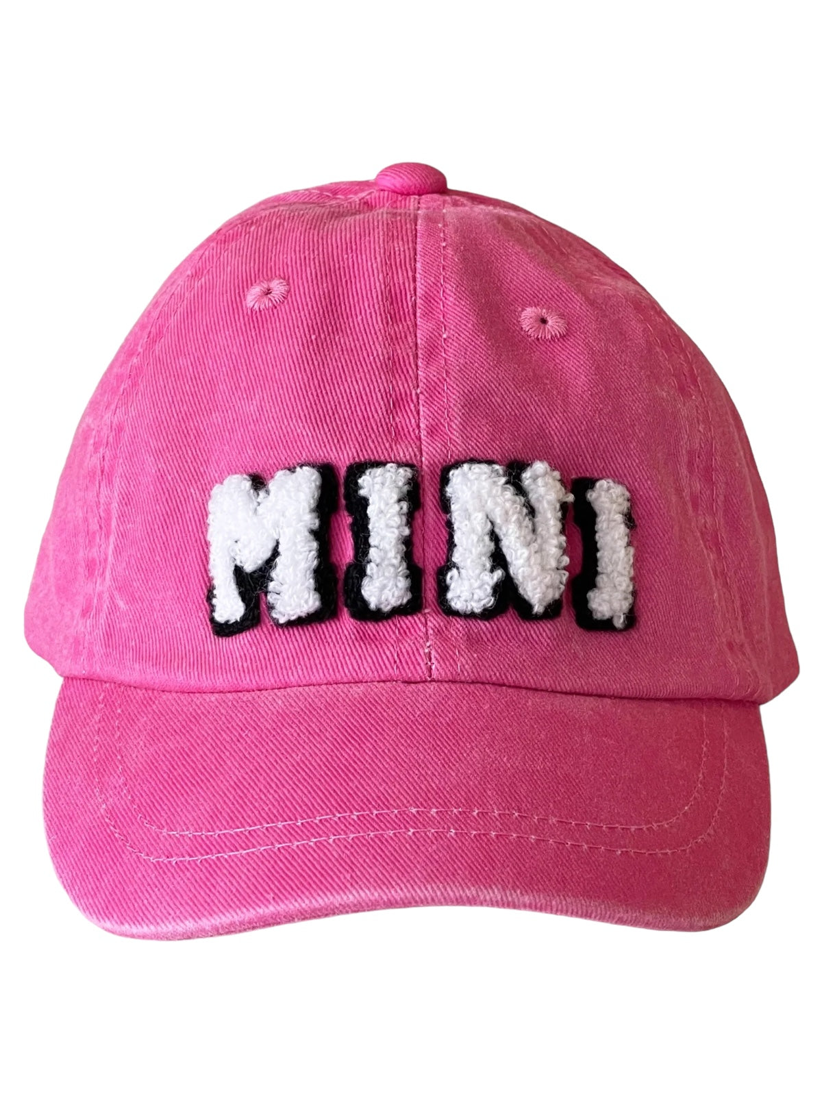 Pink cap with "MINI" text in white and black, showcasing a casual, playful style. Perfect for children or trendy outfits.