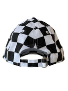 Black and white checked baseball cap viewed from the back with an adjustable strap.