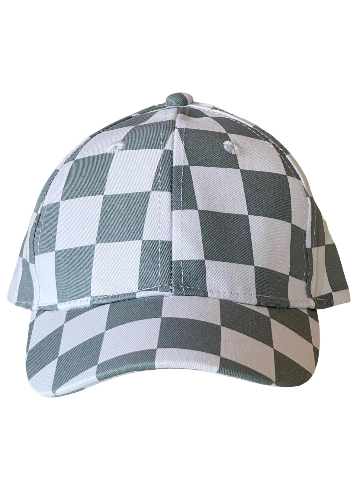 Gray and white checkered baseball cap viewed from the front.