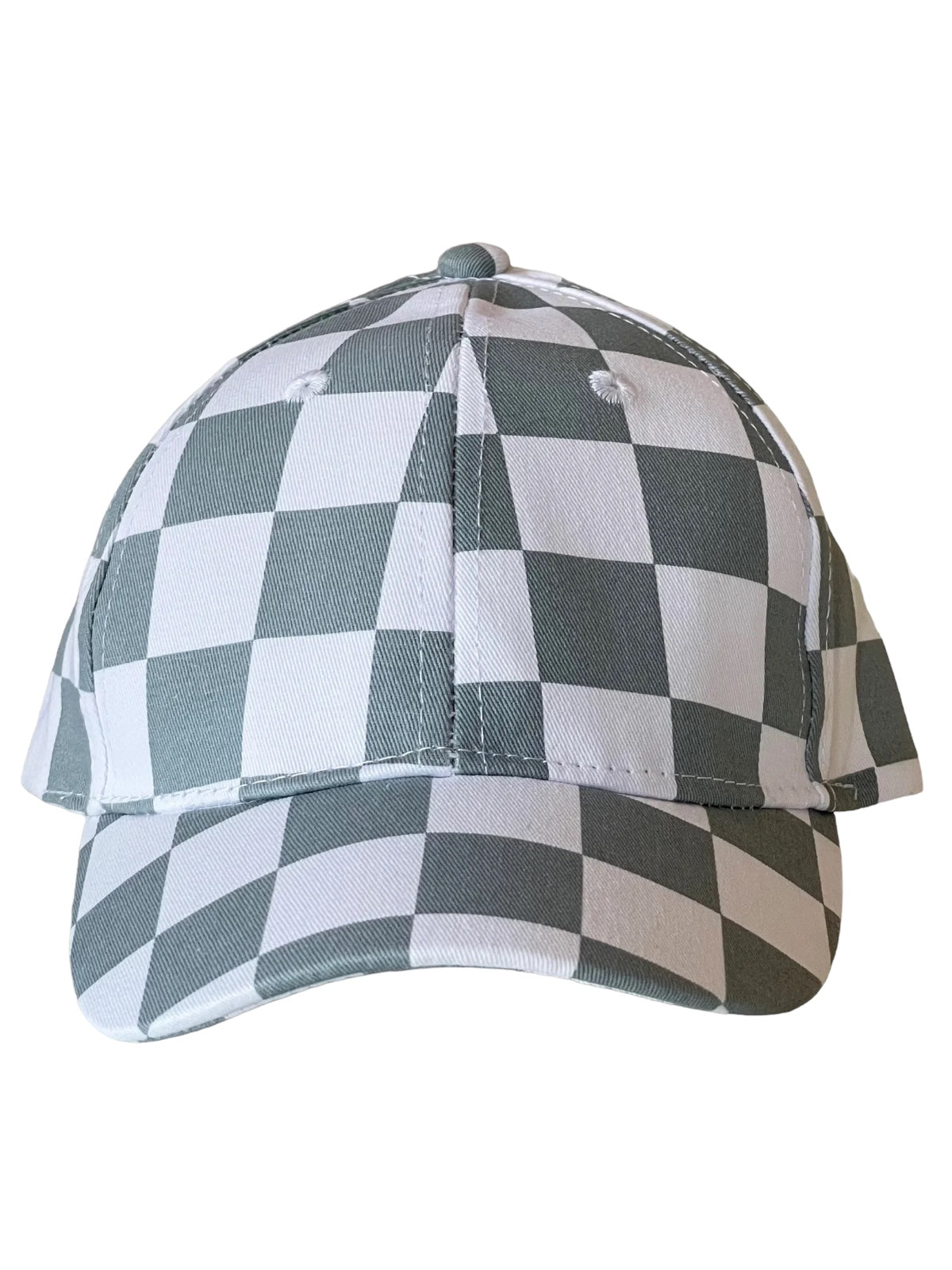 Gray and white checkered baseball cap viewed from the front.