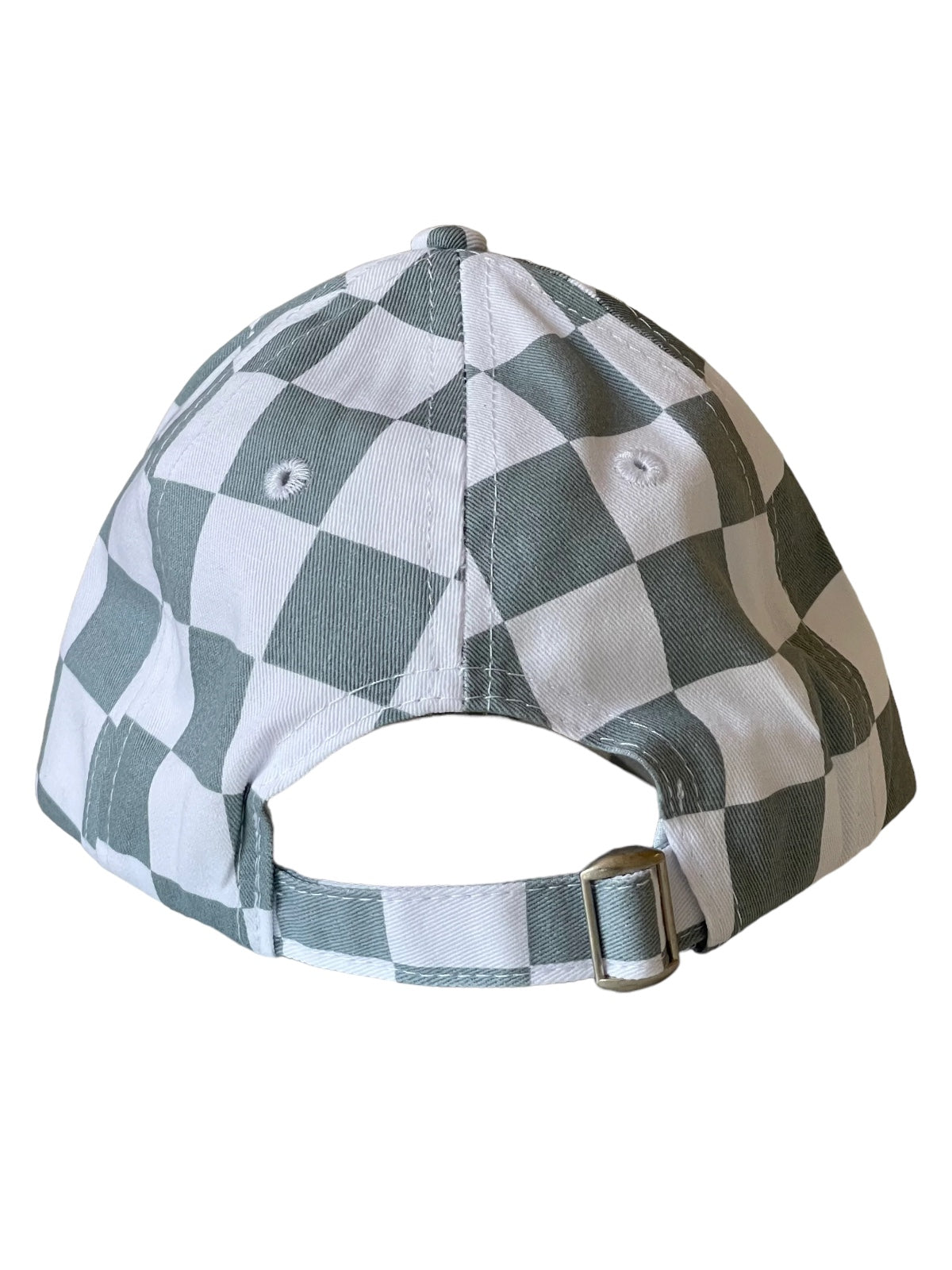 Back view of a white and gray checkered baseball cap with an adjustable strap.