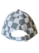 Back view of a white and gray checkered baseball cap with an adjustable strap.