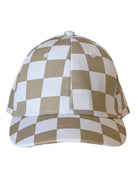 Tan and white checkered baseball cap with a curved brim.