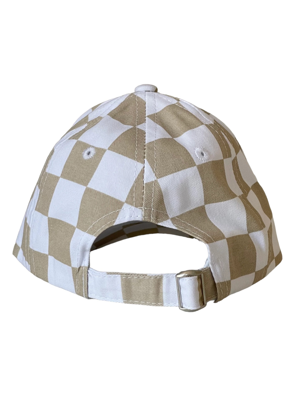 Back view of a beige and white checkered baseball cap with an adjustable strap.