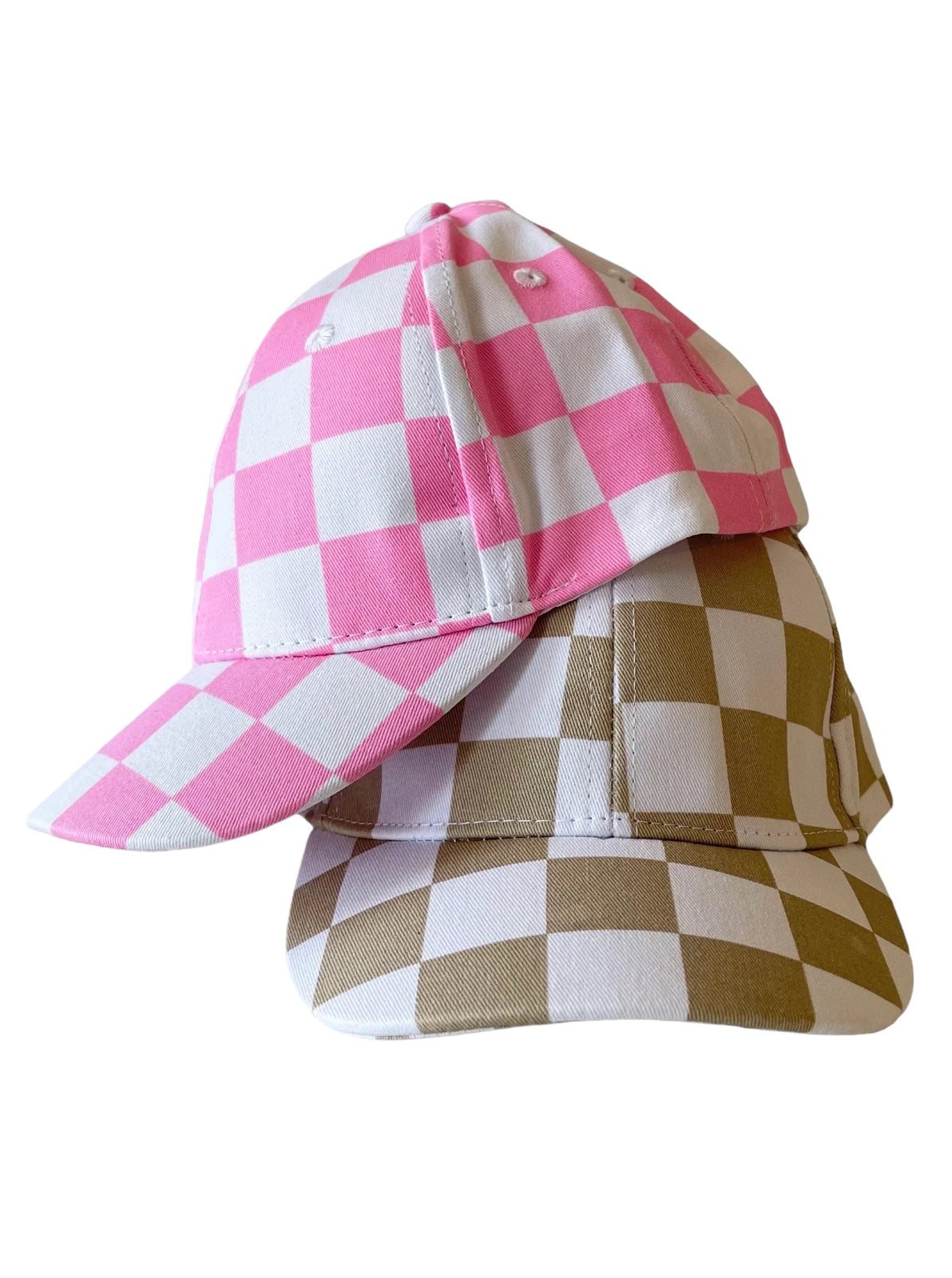 Two checkered caps, one in pink and white, the other in brown and white, stacked on top of each other.