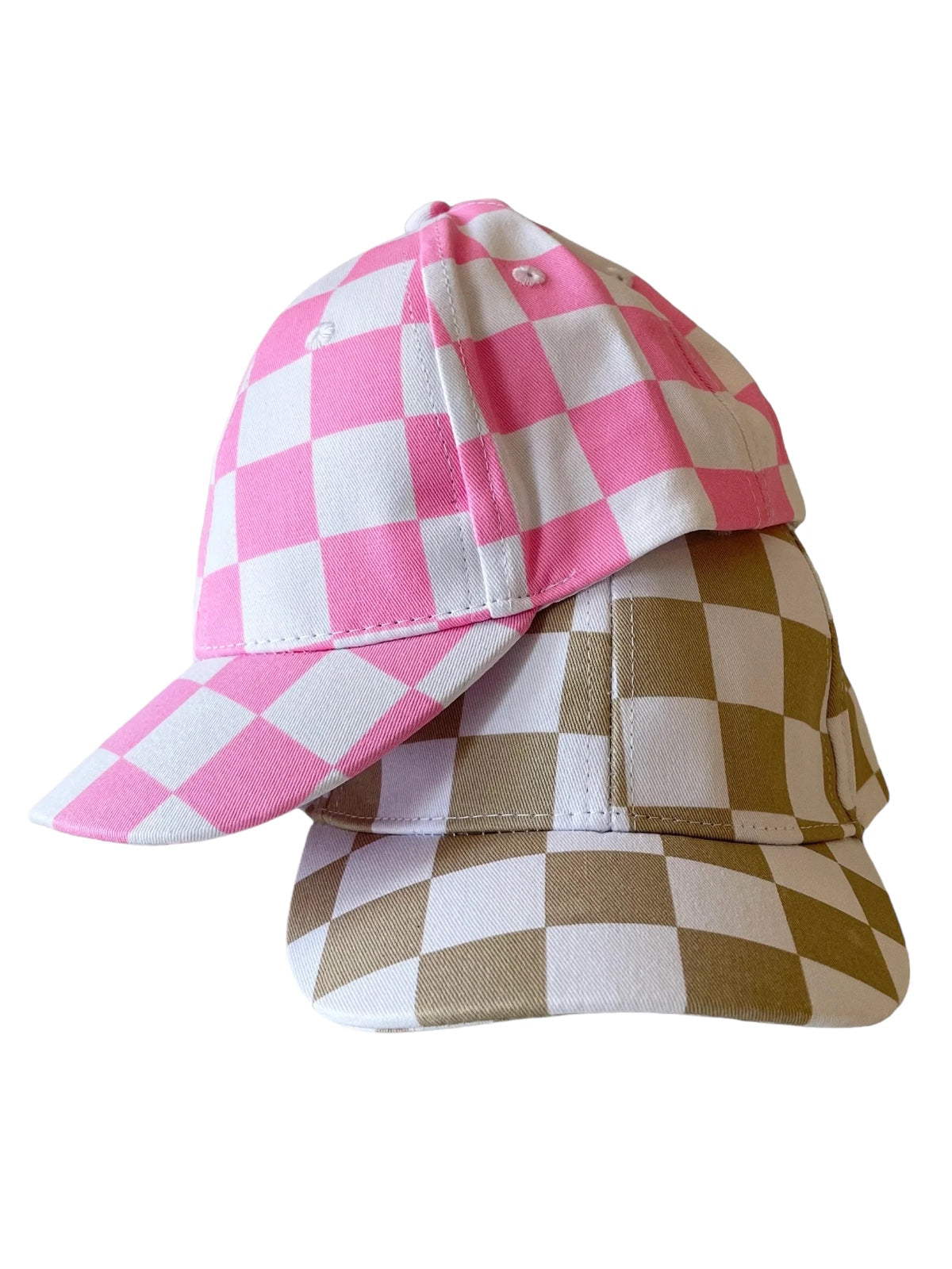 Two checkered caps, one in pink and white, the other in brown and white, stacked on top of each other.