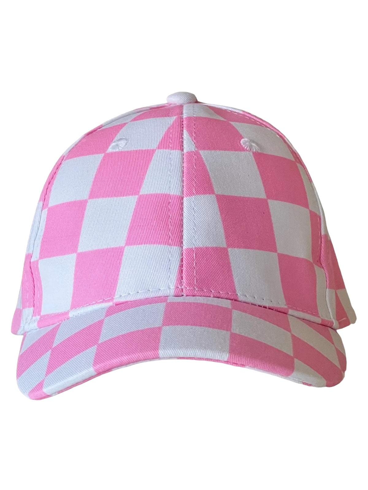 Pink and white checkered baseball cap viewed from the front.