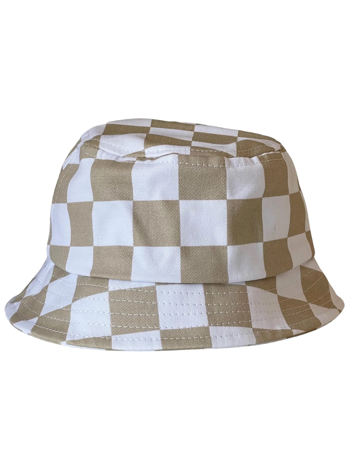 Beige and white checkered bucket hat with a wide brim and soft fabric, perfect for casual summer wear.