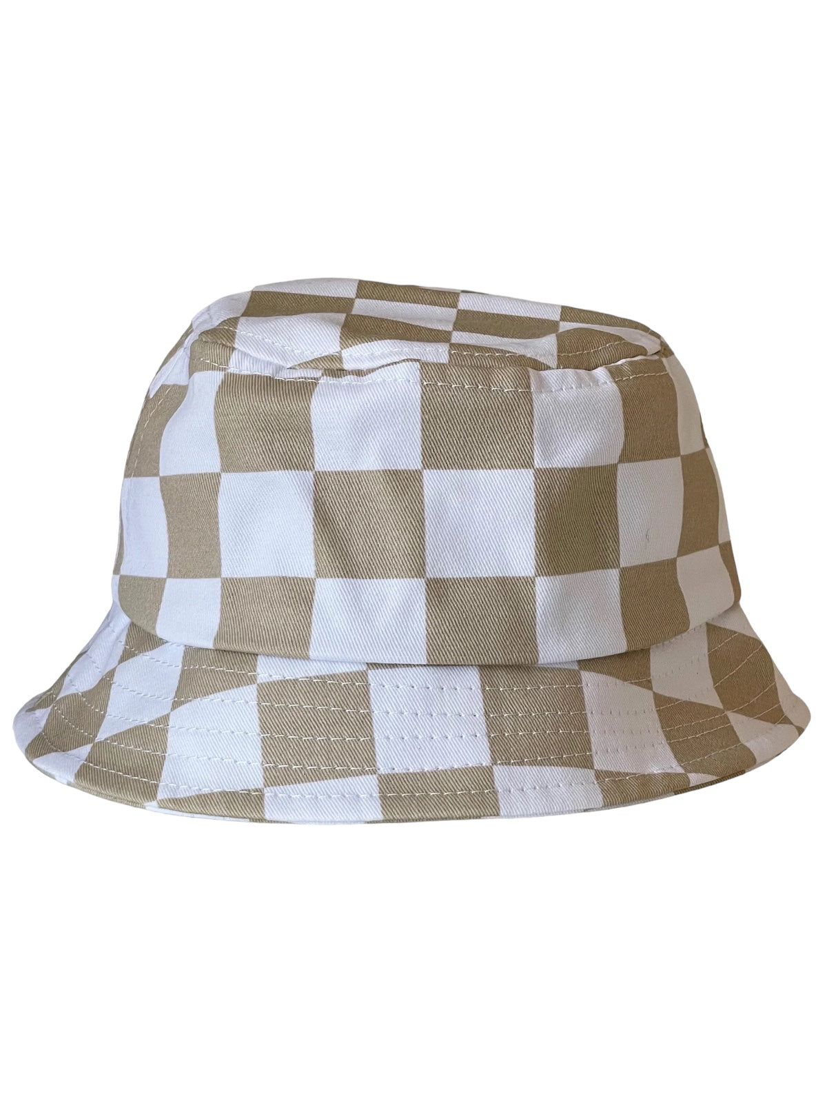 Beige and white checkered bucket hat with a wide brim and soft fabric, perfect for casual summer wear.
