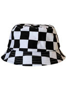 Black and white checkered bucket hat displayed at an angle.
