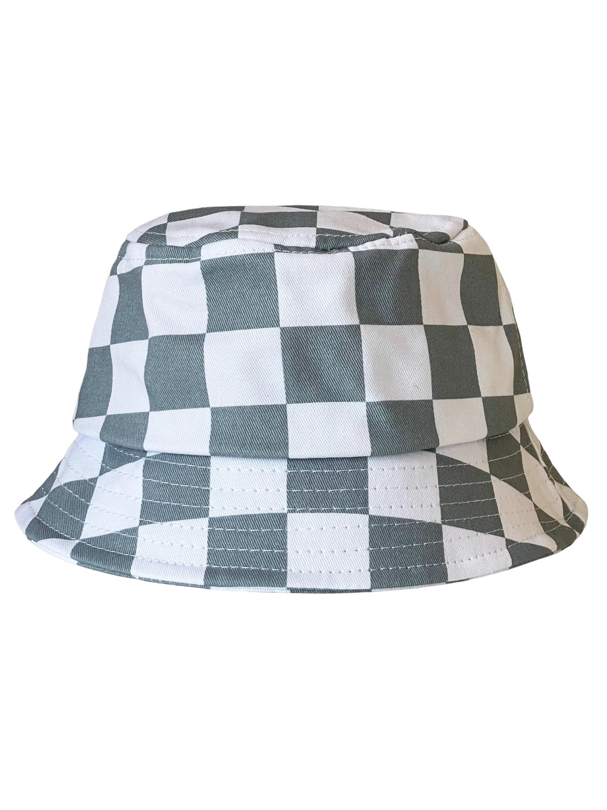 Green and white checkered bucket hat on a white background. Ideal for casual or outdoor wear.