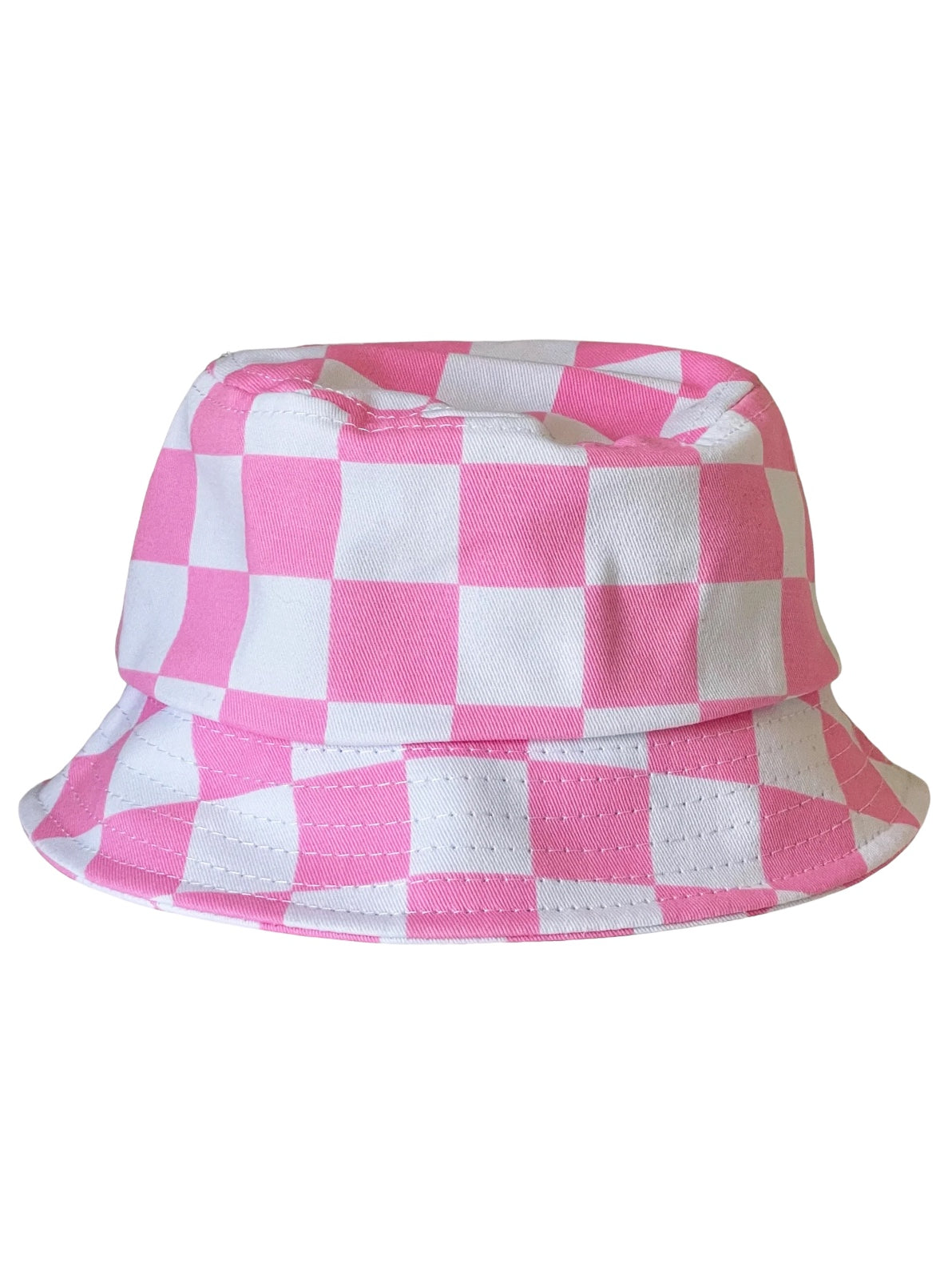 Pink and white checked bucket hat displayed at an angle. Ideal for casual or sunny day wear.
