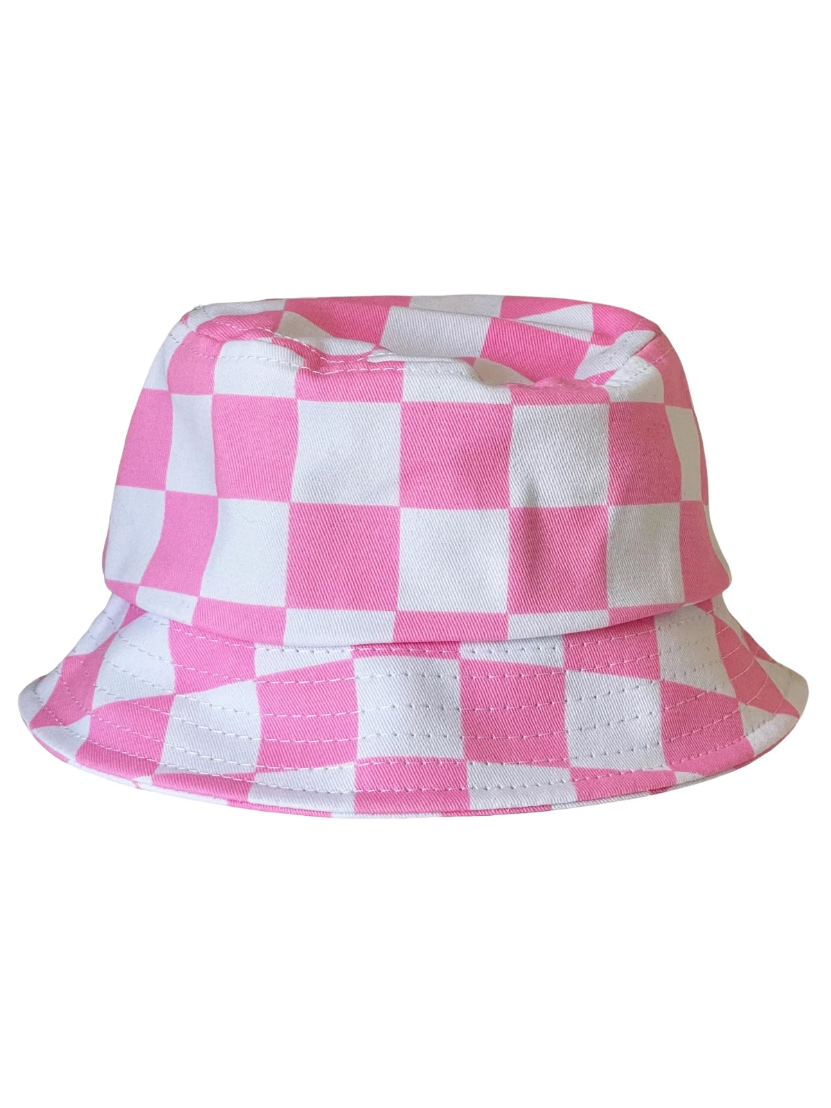 Pink and white checked bucket hat displayed at an angle. Ideal for casual or sunny day wear.