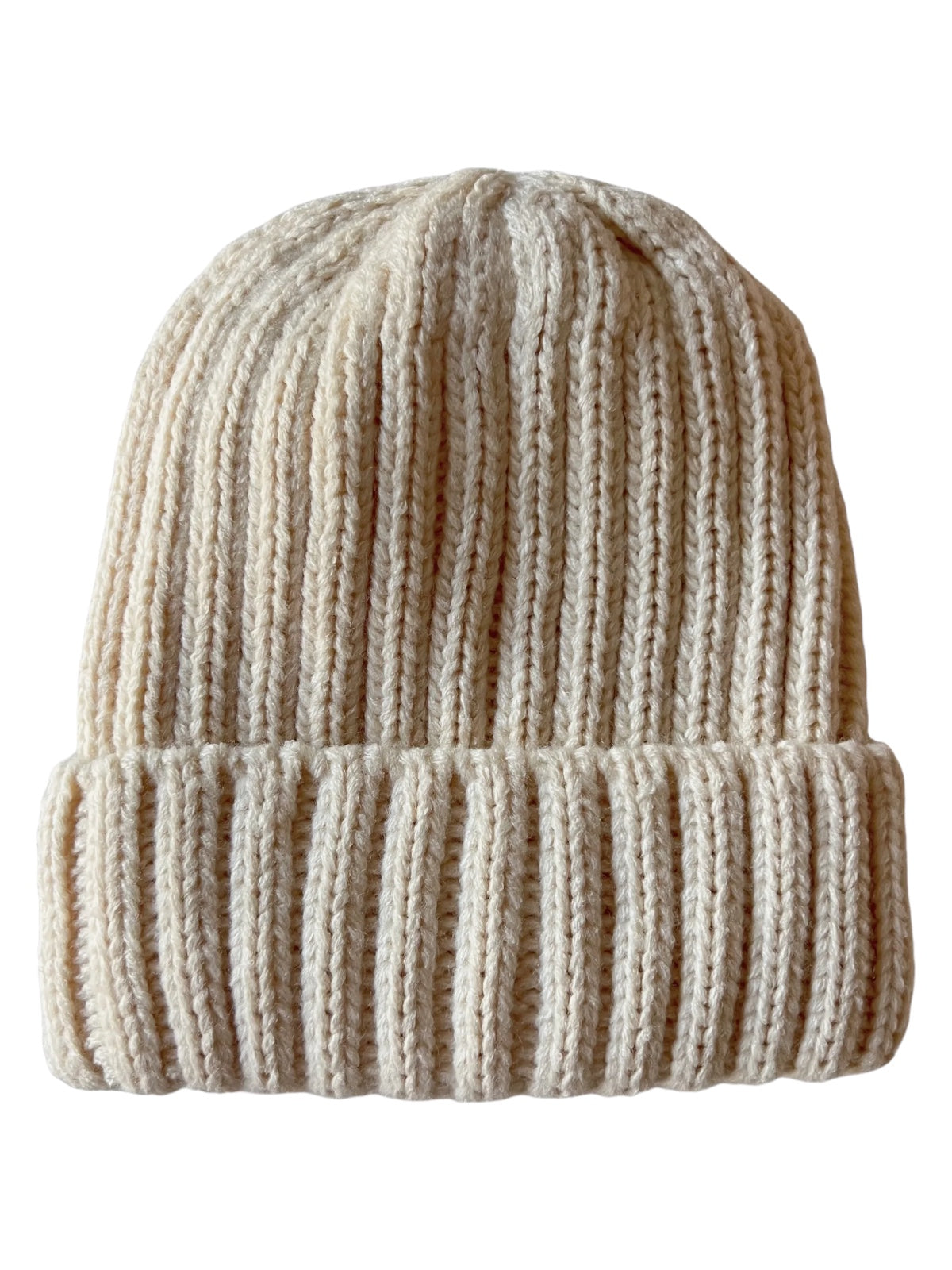Cream-colored knit beanie hat with a ribbed texture and folded brim.