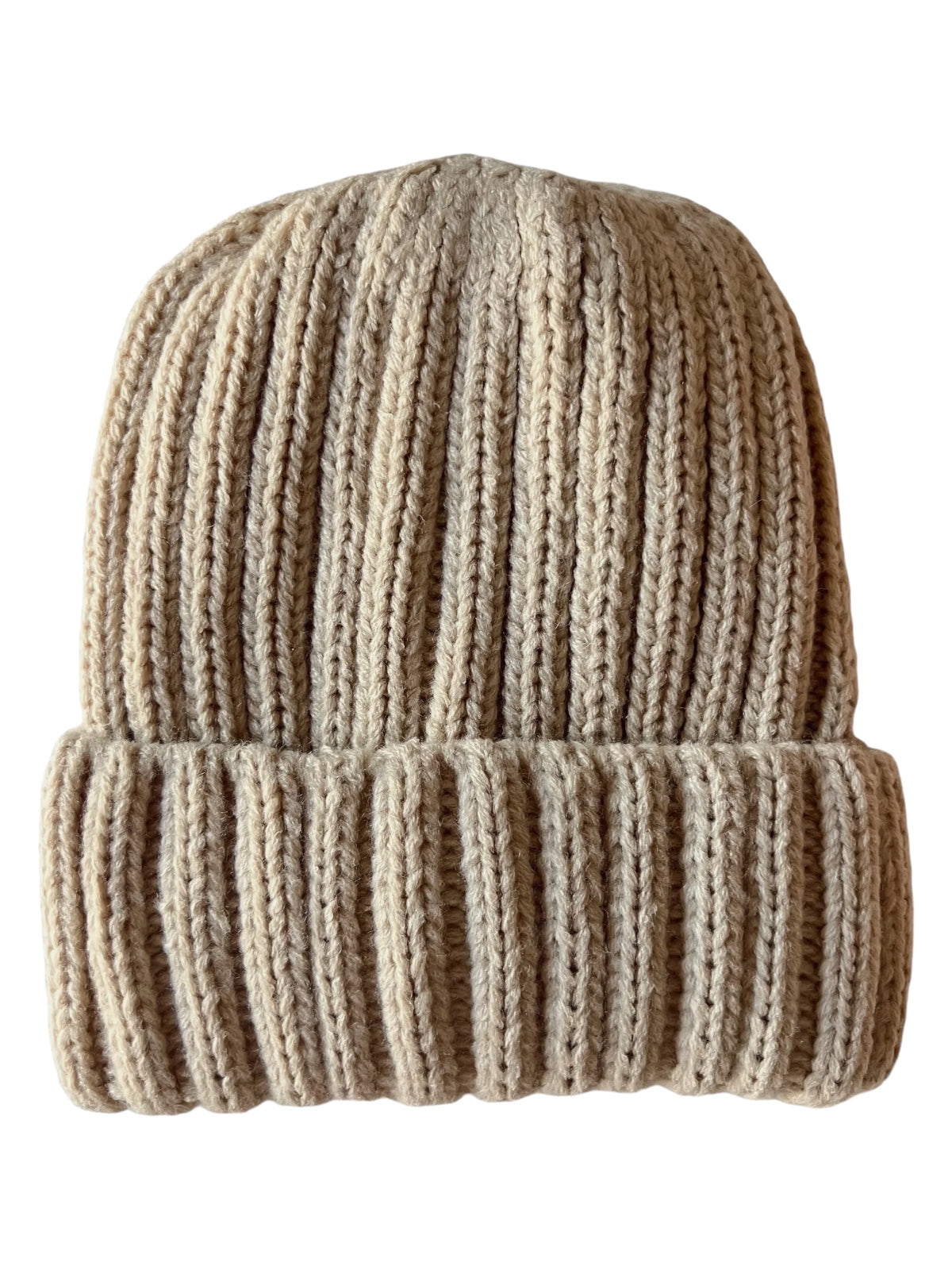 Beige knitted beanie hat with ribbed texture and folded brim, suitable for cold weather.