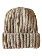 Beige knitted beanie hat with ribbed texture and folded brim, suitable for cold weather.