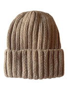 A knitted beige beanie hat with a ribbed texture and a folded cuff.