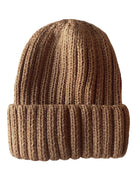 Brown knitted beanie with a ribbed design, showcasing a cozy and stylish winter accessory.