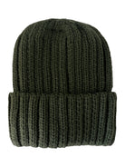 Olive green knit beanie hat with a thick ribbed design and folded cuff.