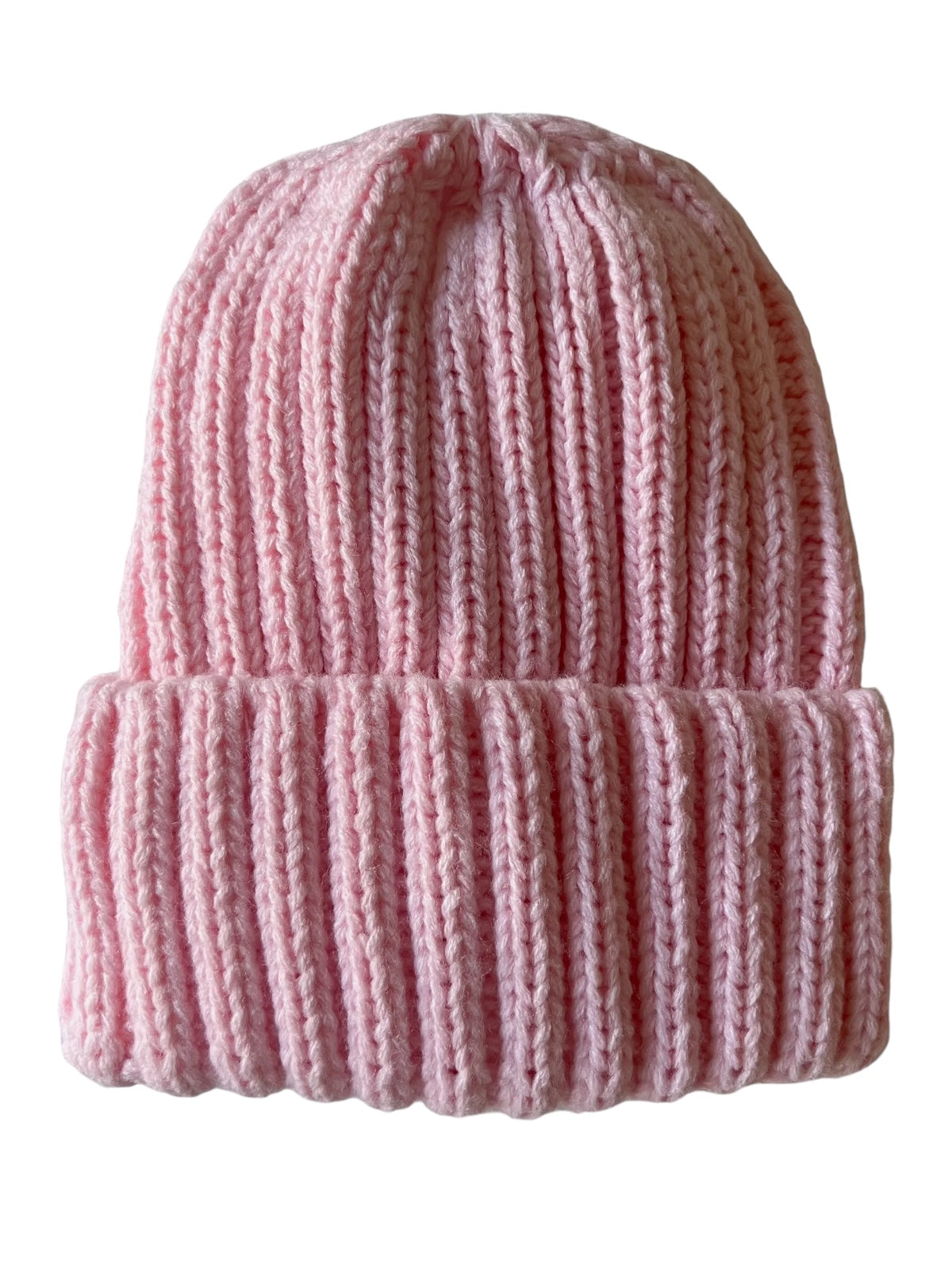 Light pink knitted beanie hat with a ribbed texture and folded cuff.