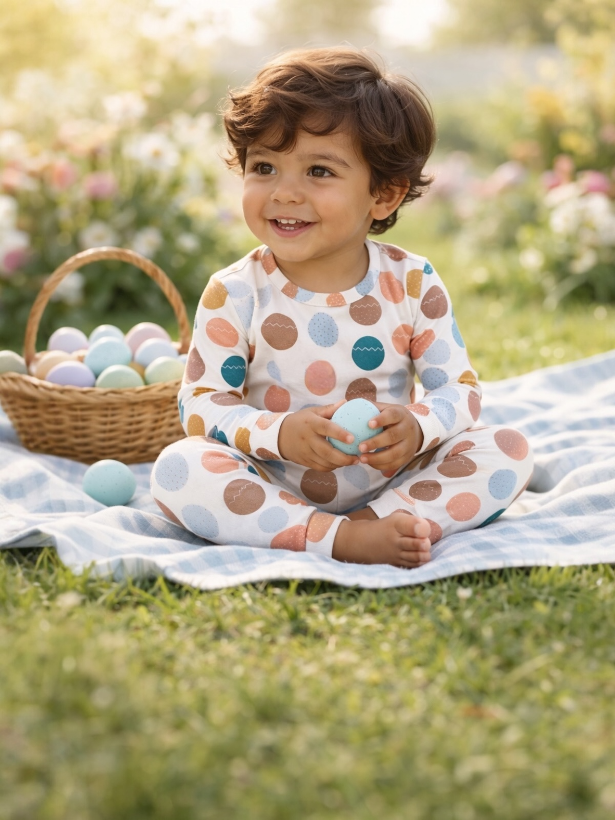 Smiling child in colorful pajamas sits on a blanket holding an Easter egg, surrounded by flowers and a basket of eggs.
