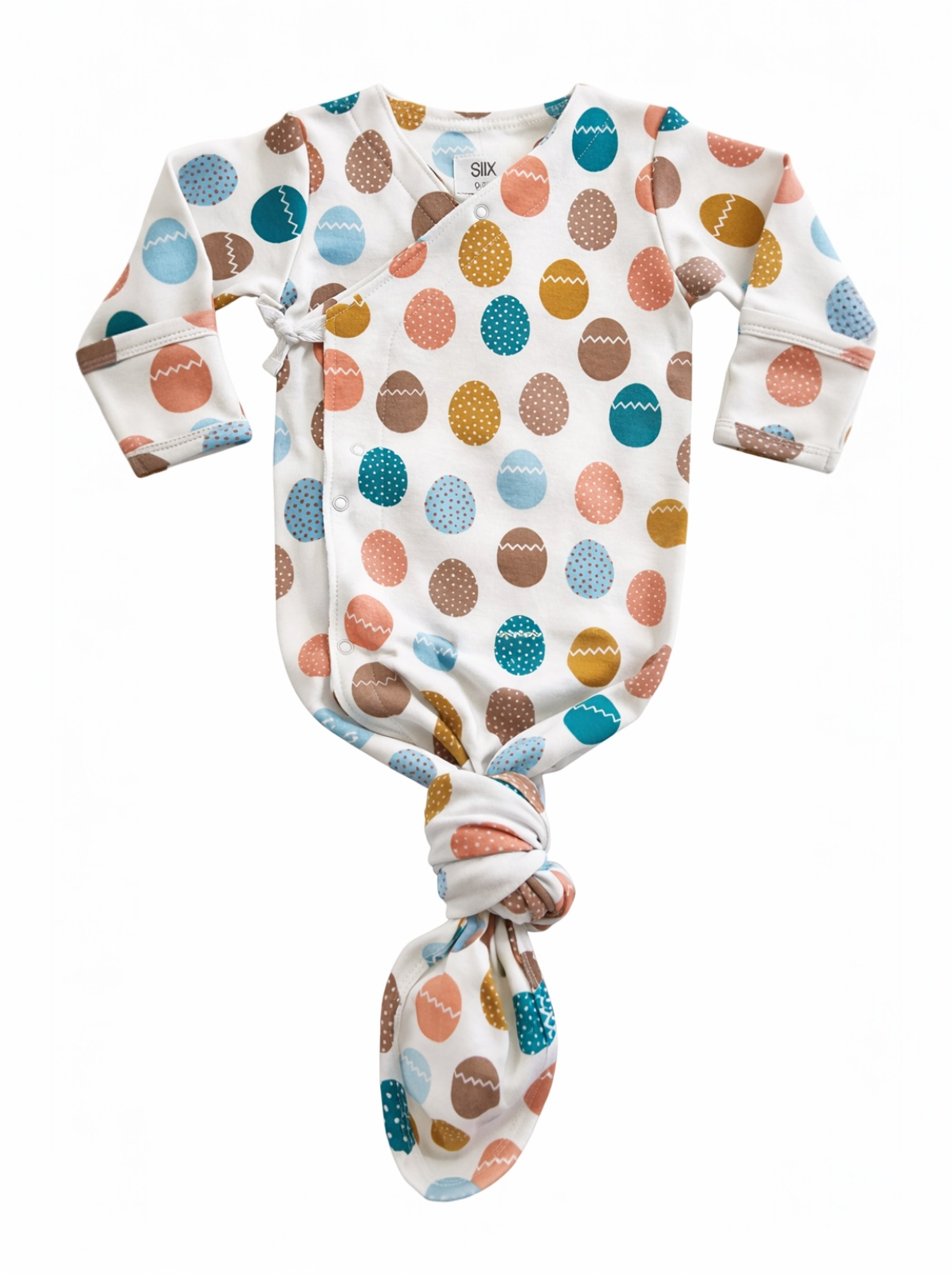 Baby gown with colorful egg patterns in pastel shades, featuring a knotted bottom and long sleeves.