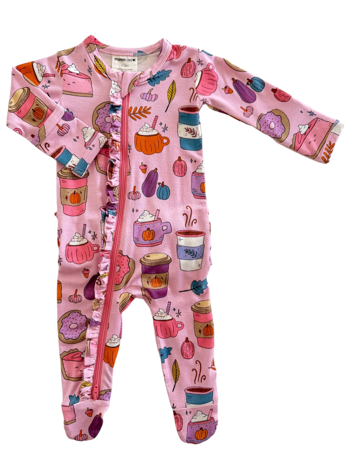 Pink infant onesie with colorful dessert and drink print, featuring ruffles along the zipper. Ideal for cozy wear.