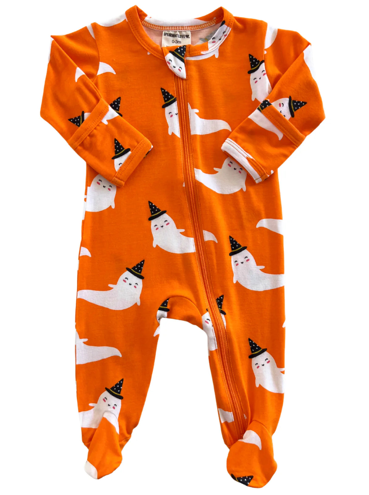 Orange baby onesie with ghost and party hat pattern, featuring long sleeves and a front zipper.