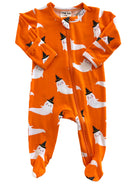 Orange baby onesie with ghost and party hat pattern, featuring long sleeves and a front zipper.