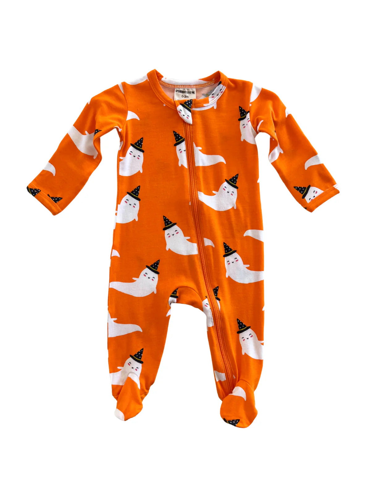 Orange baby onesie with ghost and party hat pattern. Ideal for Halloween festivities.
