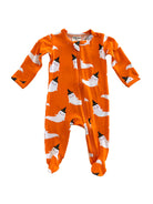 Orange baby onesie with ghost and party hat pattern. Ideal for Halloween festivities.