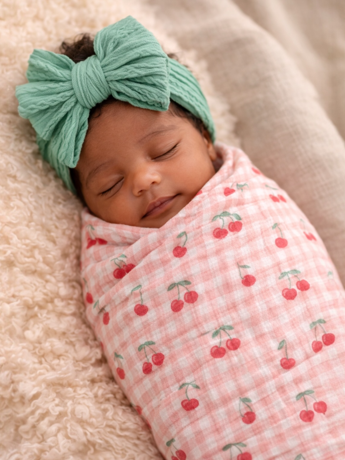 Smiling baby swaddled in a cherry-patterned blanket, wearing a mint green headband, resting on a soft surface.