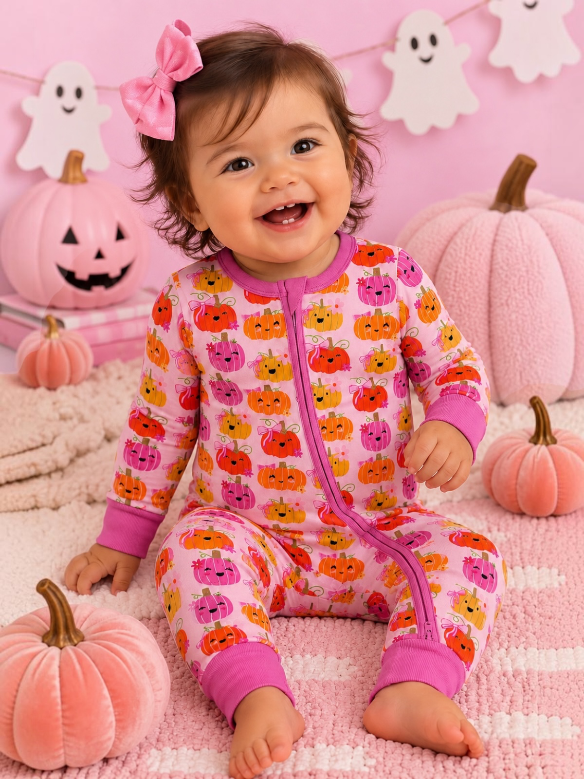 Smiling baby in pumpkin-printed pajamas, sitting on soft pink rug with pumpkins and Halloween decorations.